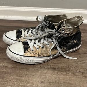 Converse Shoes Men's 9 Women's 11 Black Tan White Newspaper Comic Sneaker